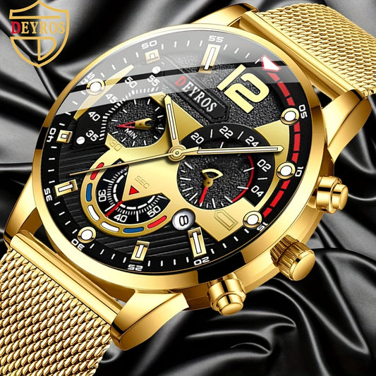 DEYROS Mens Elegant Quartz Watch – Sleek Mesh Strap, Date Display, for Business & Casual Wear