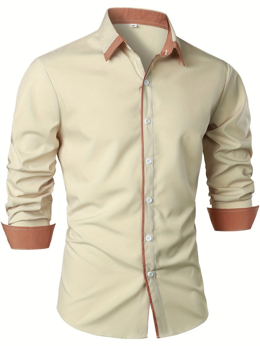 Mature Style Men's Casual Trim Contrast Button Long Sleeve Shirt, Spring Fall