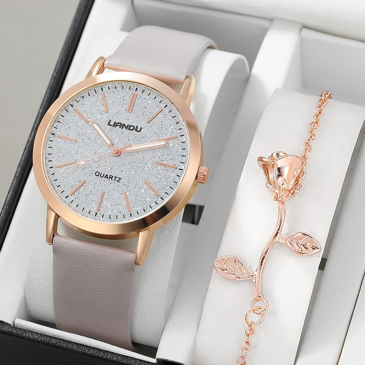 Woman's Quartz Watch Round Rhinestones Shockproof Wristwatch 1Pcs Watch & 1Pcs Bracelet Valentines Gift For Her Woman
