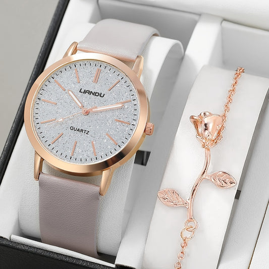 Woman's Quartz Watch Round Rhinestones Shockproof Wristwatch 1Pcs Watch & 1Pcs Bracelet Valentines Gift For Her Woman