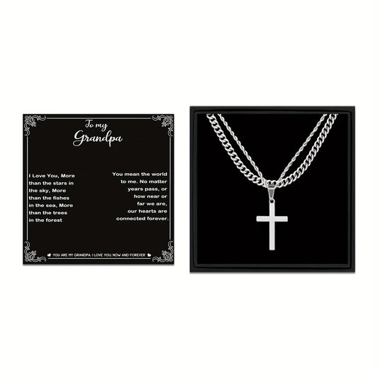 3pcs To My Grandpa Handmade Rope Cross Pendant Cuba Necklace Father's Day Gift For Him Gift Box Hip Hop Titanium Steel Gift for Him Man Father Best Dad Women Mother's Day Jewelry Waterproof Fashion Trendy Simple Jewelry birth