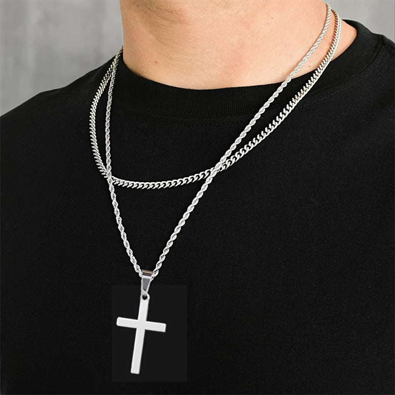3pcs To My Grandpa Handmade Rope Cross Pendant Cuba Necklace Father's Day Gift For Him Gift Box Hip Hop Titanium Steel Gift for Him Man Father Best Dad Women Mother's Day Jewelry Waterproof Fashion Trendy Simple Jewelry birth