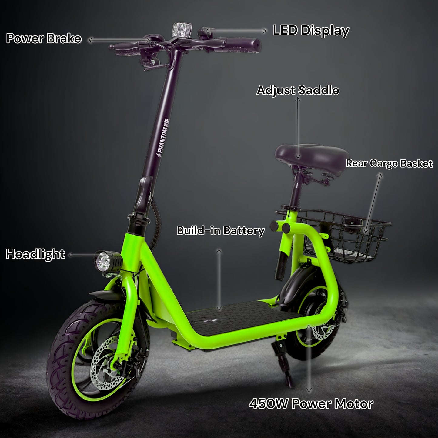 Electric Scooter for Adults - Foldable Scooter with Seat & Carry Basket - 450W Brushless Motor 36V - 15MPH 265lbs Max Load E Mopeds for Adults - Neon