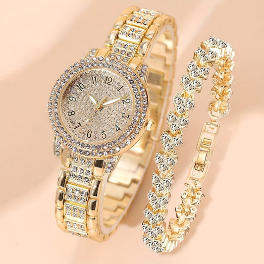 2pcs Women Watches Bracelet Golden Tone Alloy Quartz Watch Stylish Rhinestone Bling Dress Watch Wristwatches, For Xmas