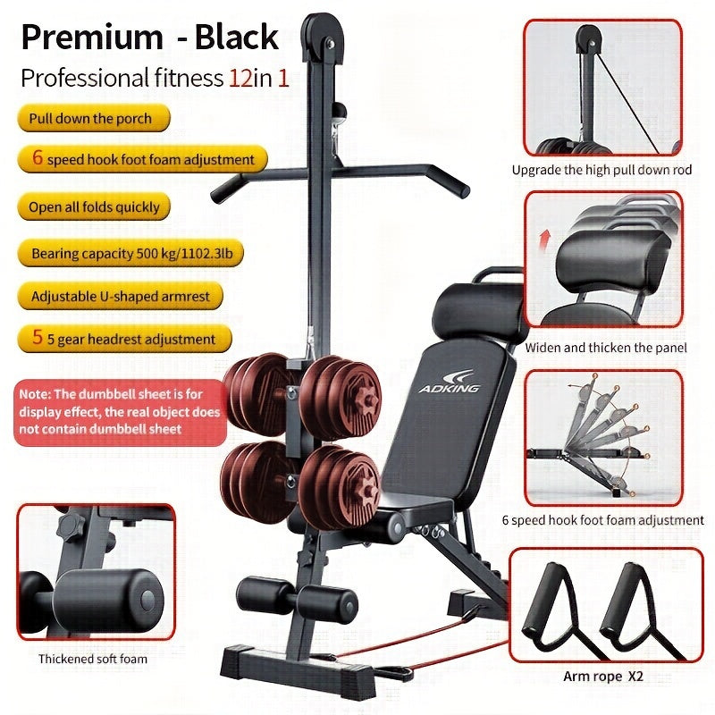 Versatile Home Gym Bench with Pull-Up Bar & Sit-Up Assist - Adjustable, Multi-Functional Fitness Equipment for Full Body Workout (Dumbbells Not Included), High Pull Rod, Bird Bench