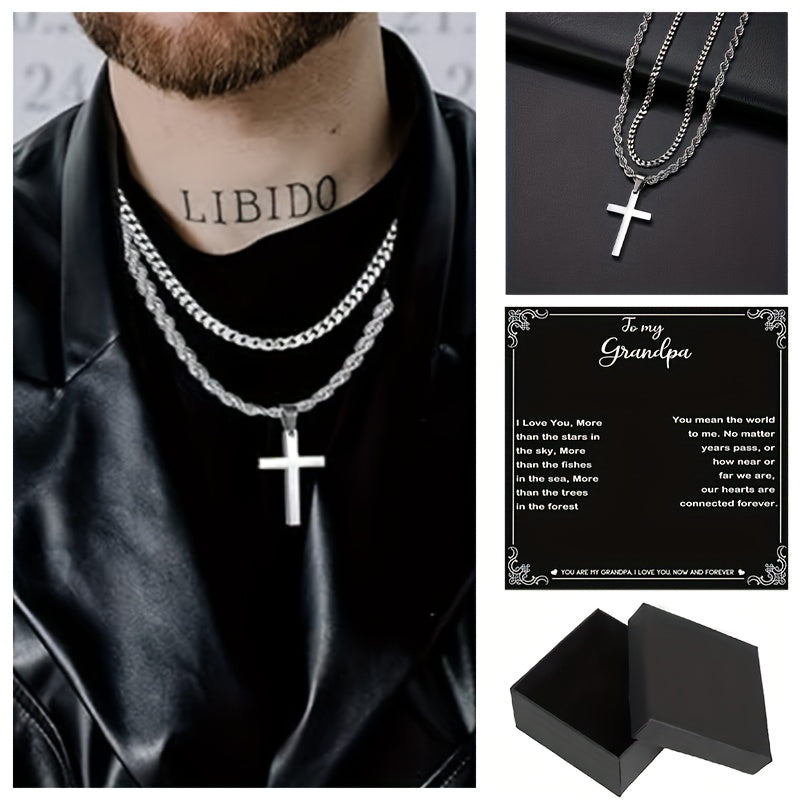 3pcs To My Grandpa Handmade Rope Cross Pendant Cuba Necklace Father's Day Gift For Him Gift Box Hip Hop Titanium Steel Gift for Him Man Father Best Dad Women Mother's Day Jewelry Waterproof Fashion Trendy Simple Jewelry birth