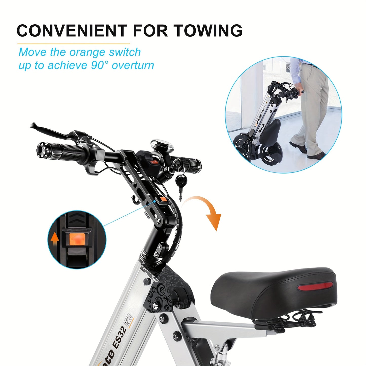 TopMate ES32 Electric Scooter 3 Wheels Foldable Trike with Seat for Adults, Light Weight Mobility with Reverse Function and Key Switch, 10 Inch Pneumatic Tires Tricycle for Commute and Travel