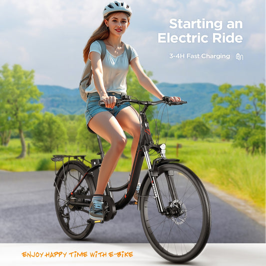 Totem Skyline 26" Electric Bike for Adults - 350W, Ideal for City Riding | 40-Mile Range, 20 MPH Top Speed, Fast Charge in 3H, 7-Speed Gears, Detachable Battery, Adjustable Seat