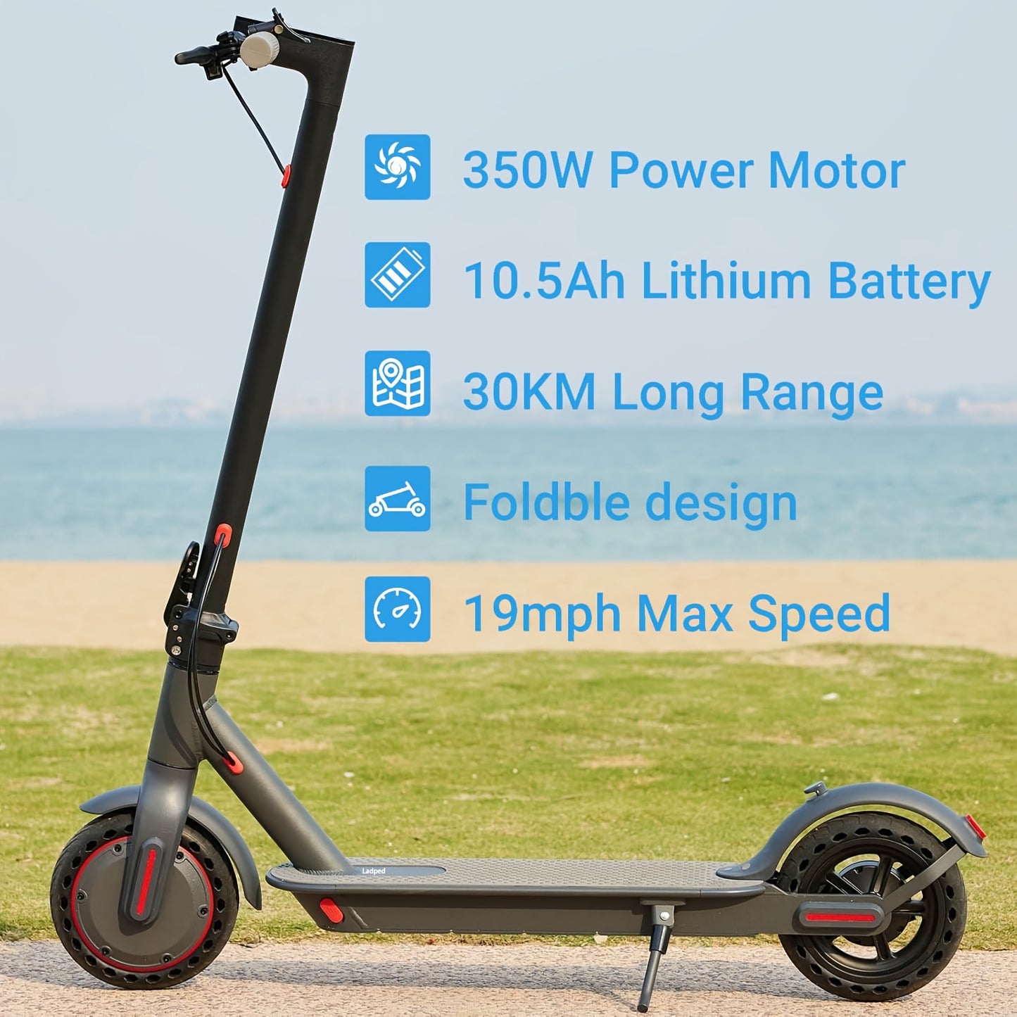 LADPED LP80 350W Foldable Electric Scooter for Adults & Teens, 8.5" Anti-skid Solid Tires, 19 Mile Range&3 Speed Modes, LCD Display, Puncture-Resistant, with Taillight - Perfect for Commuting, Campus, And Travel, Work, Park,