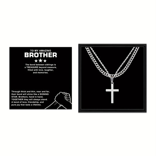 3pcs To My Brother Handmade Rope Cross Pendant Cuba Necklace Father's Day Gift For Him Gift Box Hip Hop Titanium Steel Gift for Him Man Father Best Dad Women Mother's Day Jewelry Waterproof Fashion Trendy Simple Jewelry birth