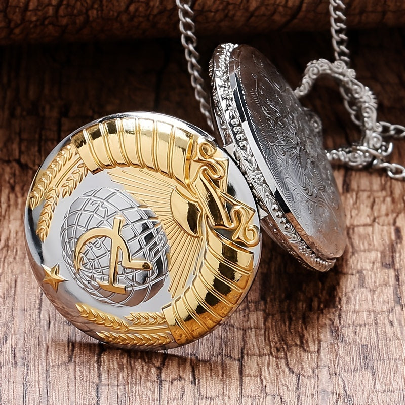 Vintage-Style Round-Shaped Stainless Steel Pocket Watch with Hammer Sickle Emblem - Electronic Quartz Movement, Pointer Display, Retro Design - Unique Collectible Accessory