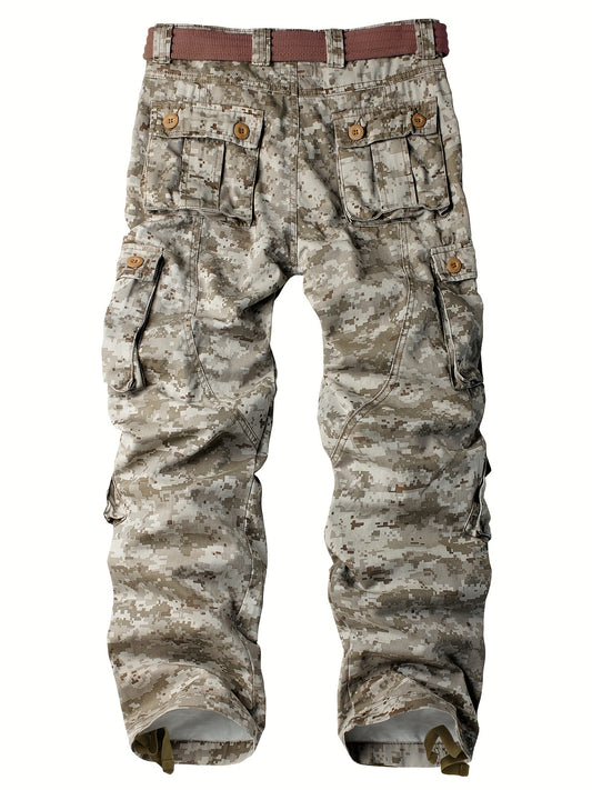 Men's Solid Cotton Camouflage Cargo Pants with Multiple Pockets Straight Leg Loose Fit Casual Outdoor Workwear for Hiking Fishing
