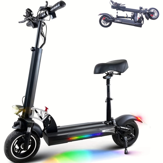 Electric Scooter Adults with Seat, 48v15a 10" Pneumatic Tires City Kick Scooter max 45-55 km max load of 330lbs Dual Brake & Suspension Foldable Commuter E-Scooter with Ambient Lights Halloween Gift