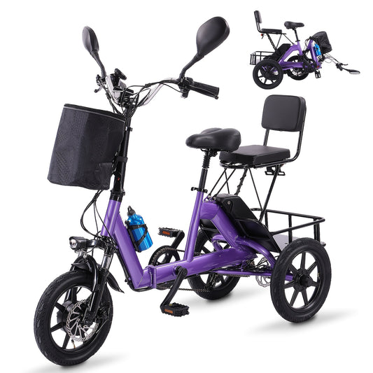 Electric Tricycle for Adults, 350W Folding Electric Trike, 3 Wheel Electric Bike with 480Wh Removable Battery, Ebike with Double Seat and Large Basket
