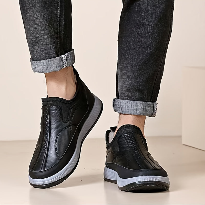 1 Pair Winter Warmth Men'S Shoes with Fleece Lining, Solid Color Slip-On Wool-Lined Dad Shoes, Casual Outdoor Footwear for Middle-Aged and Elderly, Round Toe PVC Sole, Microfiber Synthetic Upper, Fabric Inner & Insole