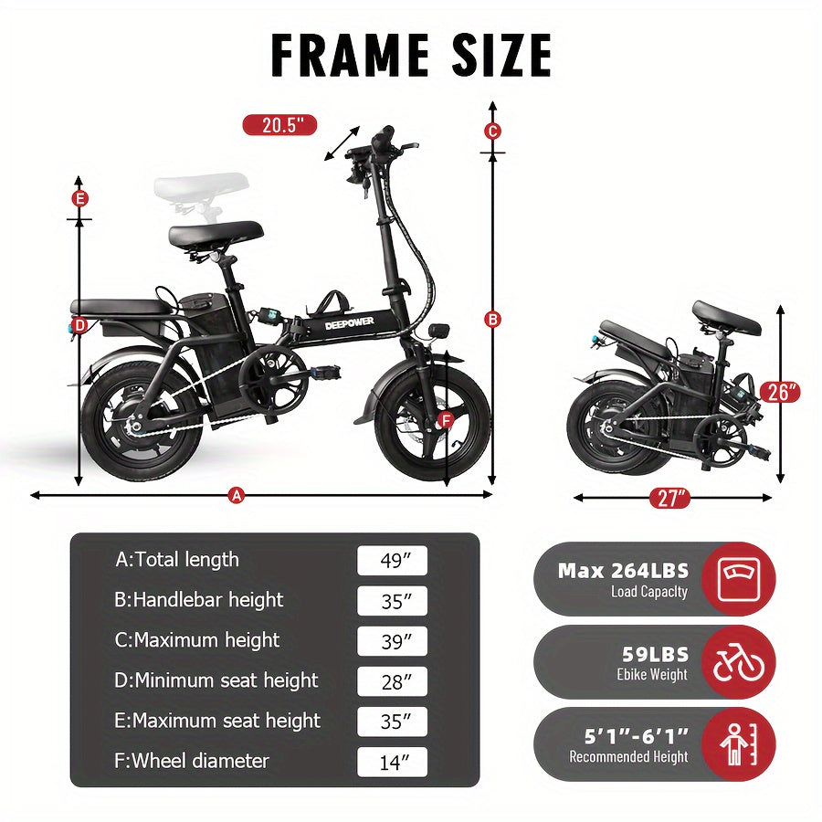 Electric Bike For Adults, 600W Peak 400W Motor, 20 Mph Folding E Bike, 14" Adults Electric Bicycle, 3 Levels Assist, Multi-Shock Mini E Bike With Brake Light, Basket, Water Bottle Rack