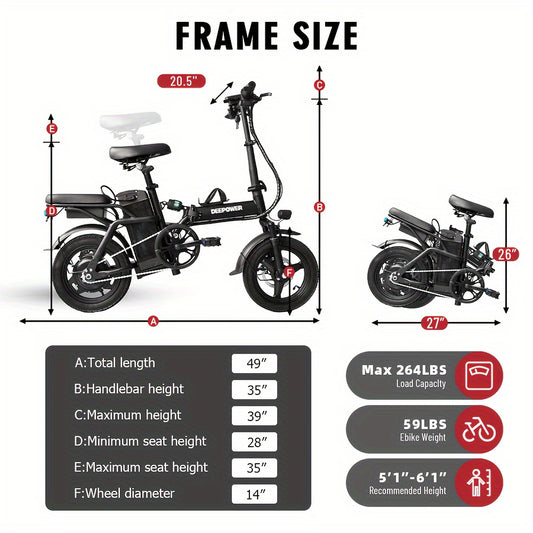 Electric Bike For Adults, 600W Peak 400W Motor, 20 Mph Folding E Bike, 14" Adults Electric Bicycle, 3 Levels Assist, Multi-Shock Mini E Bike With Brake Light, Basket, Water Bottle Rack