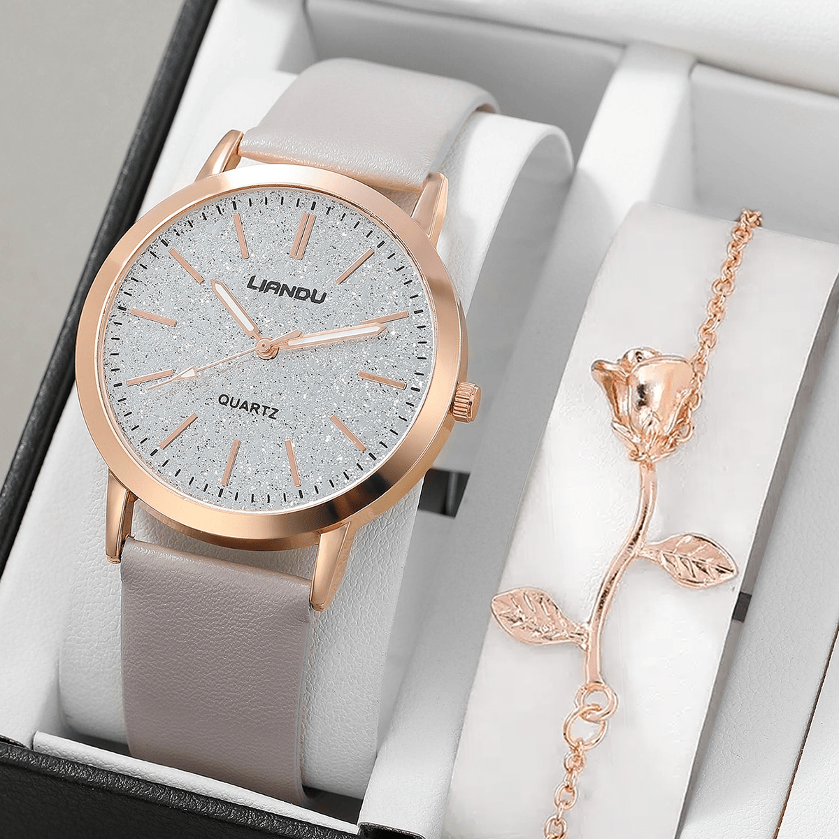 Woman's Quartz Watch Round Rhinestones Shockproof Wristwatch 1Pcs Watch & 1Pcs Bracelet Valentines Gift For Her Woman