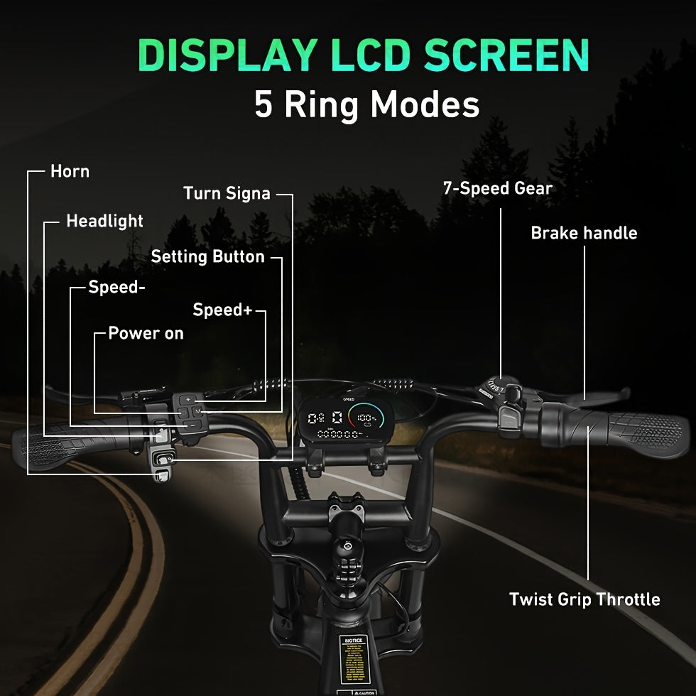 V9-G60 Electric Bike, 48V 20Ah Removable Battery 20" Fat Tire Electric Bike, 740W Motor 19MPH Top Speed Electric Motorcycle, 7 Speed Dual Disc/Hydraulic Brake E Bikes