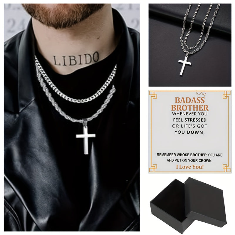 3pcs To My Brother Handmade Rope Cross Pendant Cuba Necklace Father's Day Gift For Him Gift Box Hip Hop Titanium Steel Gift for Him Man Father Best Dad Women Mother's Day Jewelry Waterproof Fashion Trendy Simple Jewelry birth