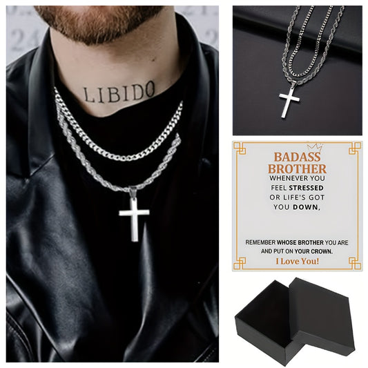 3pcs To My Brother Handmade Rope Cross Pendant Cuba Necklace Father's Day Gift For Him Gift Box Hip Hop Titanium Steel Gift for Him Man Father Best Dad Women Mother's Day Jewelry Waterproof Fashion Trendy Simple Jewelry birth