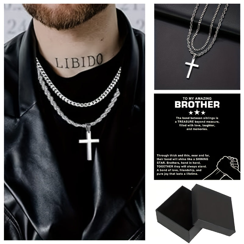 3pcs To My Brother Handmade Rope Cross Pendant Cuba Necklace Father's Day Gift For Him Gift Box Hip Hop Titanium Steel Gift for Him Man Father Best Dad Women Mother's Day Jewelry Waterproof Fashion Trendy Simple Jewelry birth