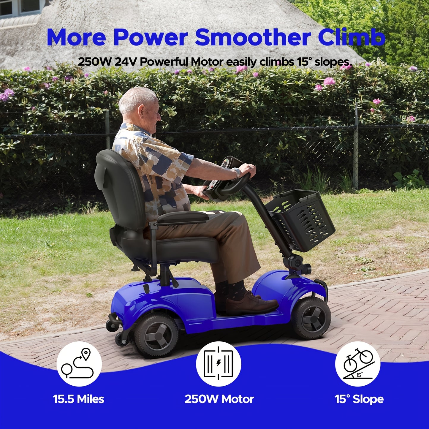 ENGWE Folding 4-Wheel Electric Mobility Scooter, 250W 24V Motor, Electric Scooter With 15 Miles Long Range For Adults, Detachable Basket & Front Light, 265lbs Max Load, Great Birthday & New Year Gift, Various Road Conditions,