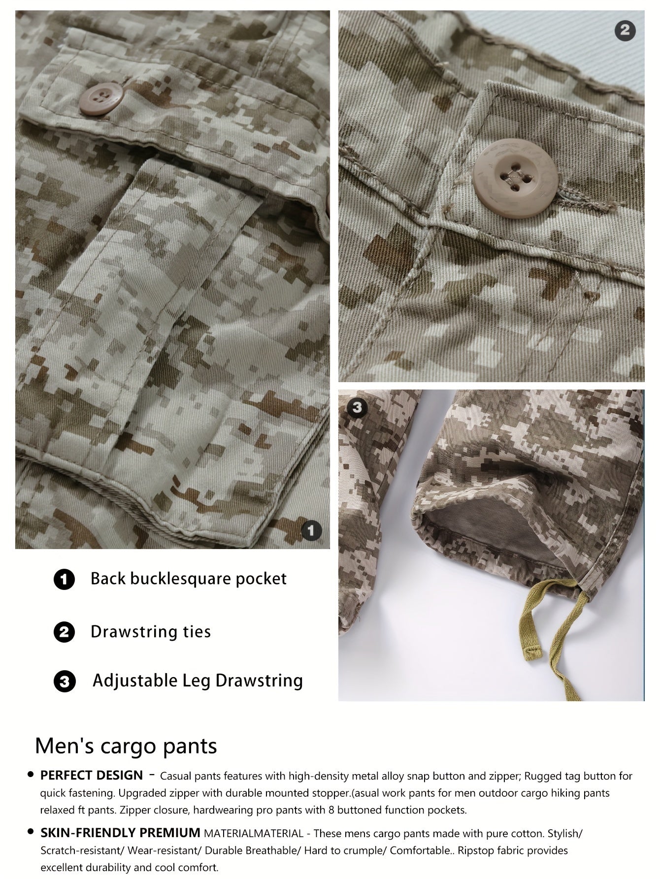 Men's Solid Cotton Camouflage Cargo Pants with Multiple Pockets Straight Leg Loose Fit Casual Outdoor Workwear for Hiking Fishing