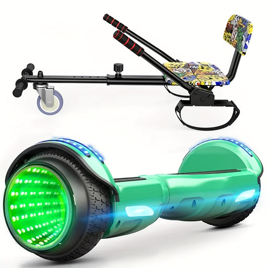 SISIGAD Hoverboard With Seat Attachment, 6.5 Inch Hoverboard Go Kart Combo, Self Balancing Electric Scooter With Wireless Speaker & LED Lights, Green + Graffiti