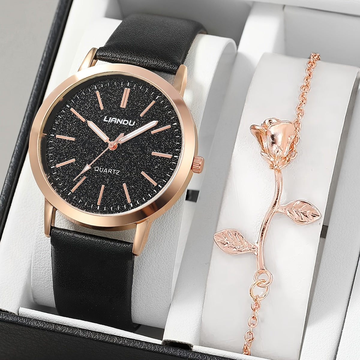 Woman's Quartz Watch Round Rhinestones Shockproof Wristwatch 1Pcs Watch & 1Pcs Bracelet Valentines Gift For Her Woman