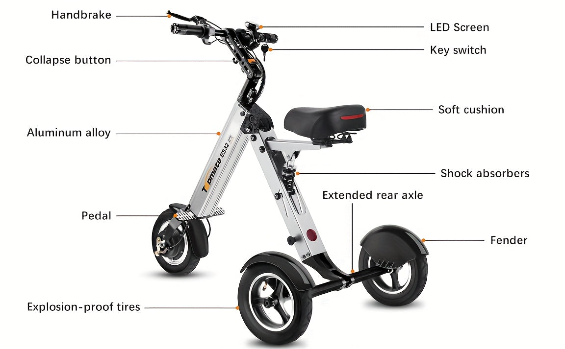 TopMate ES32 Electric Scooter 3 Wheels Foldable Trike with Seat for Adults, Light Weight Mobility with Reverse Function and Key Switch, 10 Inch Pneumatic Tires Tricycle for Commute and Travel
