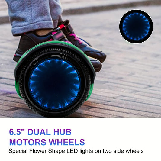 SISIGAD 6.5'' Hoverboard, Wireless Hover board with Clolorful LED Lights, Self Balancing Electric Scooter for Adults, Green & Tunnel 4 Color Light-emitting Motor