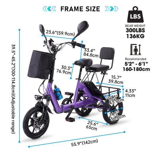 Electric Tricycle for Adults, 350W Folding Electric Trike, 3 Wheel Electric Bike with 480Wh Removable Battery, Ebike with Double Seat and Large Basket