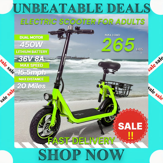 Electric Scooter for Adults - Foldable Scooter with Seat & Carry Basket - 450W Brushless Motor 36V - 15MPH 265lbs Max Load E Mopeds for Adults - Neon