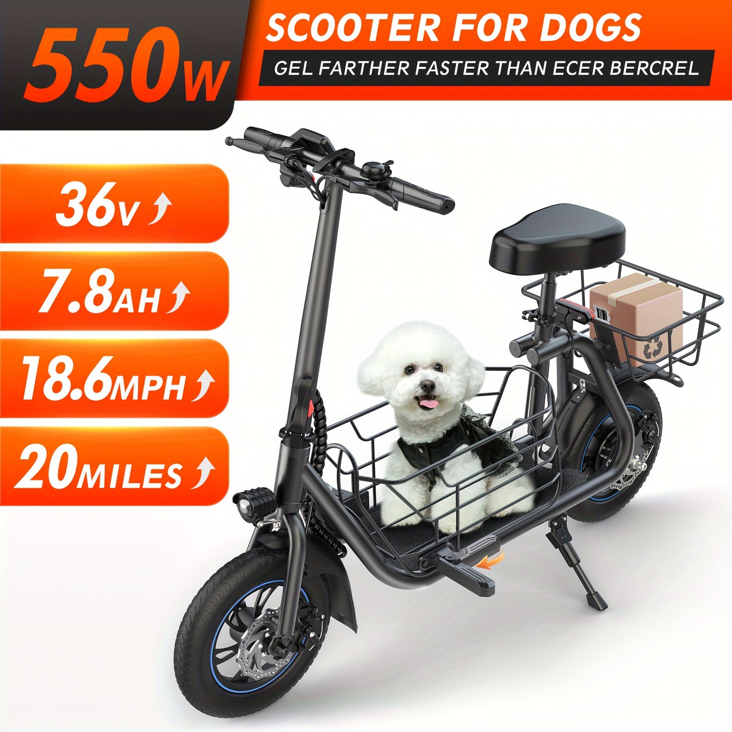 550W Electric Scooter with Basket for Dogs, 20-Mile Range, Speed up to 18.6MPH, Ample Storage for Pets & Cargo