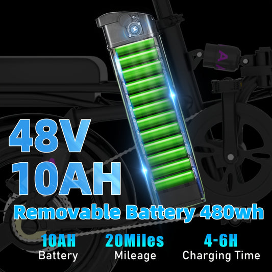 EBike, Foldable Ebikes For Adults, 400W Motor, 20MPH, 14" Tire, 48V Removable Battery For Electric Bike, Multi-Shock Absorption, LCD Display, Removable Battery, Adjustable Saddle, EBikes With Full Shock Absorption System, Chr